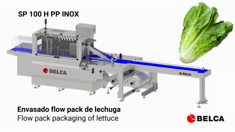 Envasado flow pack de lechuga con SP 100 H PP INOX y BOPP impreso