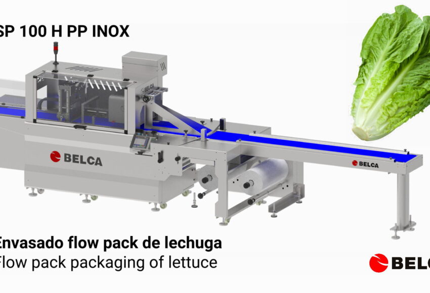 Envasado flow pack de lechuga con SP 100 H PP INOX y BOPP impreso